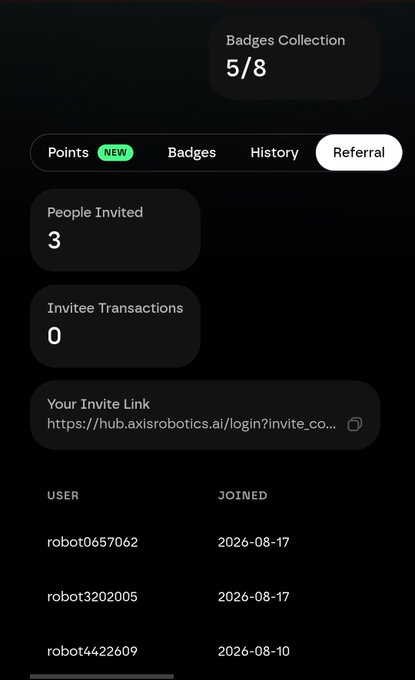 Mobile app referral screen titled 'Badges Collection 5/8' with tabs for Points, Badges, History, and Referral, showing 3 people invited, 0 invitee transactions, and a list of invited users including robot0657062, robot3202005, and robot4422609.