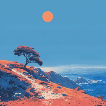 A stylized digital landscape with red-orange grassy hills, a lone tree, and an orange sun or moon in a blue sky overlooking a distant ocean.