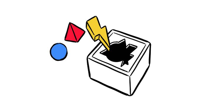 A simple cartoon illustration on a white background showing a white box with a star-shaped hole, a yellow lightning bolt entering the hole, a red triangle, and a blue circle floating nearby.