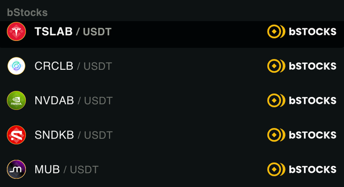 The image shows a list of five different stock symbols displayed against a black background. The text "bStocks" is present at the top left corner, while "TSLAB USDT" can be found in the center row. The other stock symbols are located towards the right side and bottom part of the screen. The post mentions that there is live trading on @BNBCHAIN powered by Native, which means that users can access spot trading through native trading interfaces like @Binance Wallet or @TrustWallet.