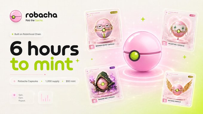 A promotional graphic for Robacha's NFT capsule mint event, featuring a large pink capsule alongside four collectible capsule designs (Broken Prism, Heartfelt, Hunter's Hat, and Skywing), with text announcing "6 hours to mint," 1,000 supply, and a $50 mint price on Robinhood Chain. The image directly supports the post by visually showcasing the capsule NFTs that fans can mint at robacha.fun/mint.