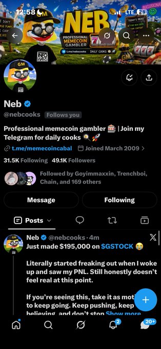 The image shows an X (Twitter) profile page for "Neb" (@nebcooks), a verified professional MemeCoin trader with 49.1K followers, posting about making $195,000 on $GSTOCK and sharing a crypto wallet address (BakyXRTtW2cdivHrqoENQhSfaMjGLRgDudV8QSBGcKNf) for "tips," thanking recipients for their support.