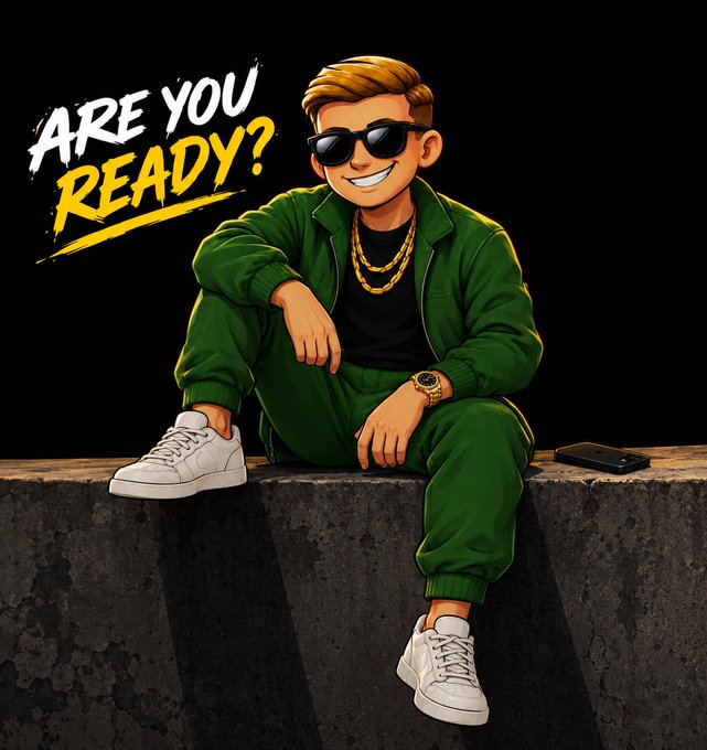 A cartoon illustration of a man in a green tracksuit and sunglasses sitting on a ledge with the text 'ARE YOU READY?' displayed beside him.