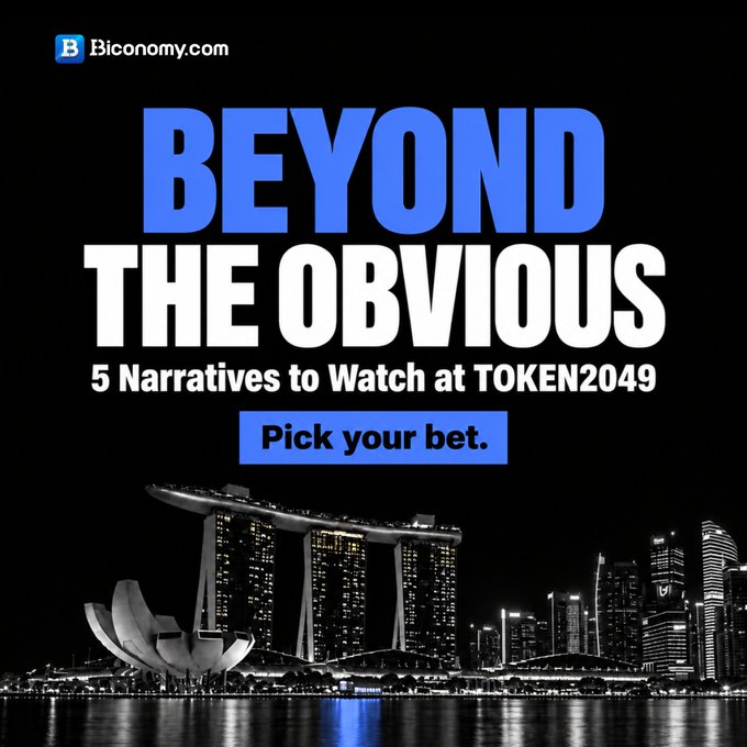 Promotional graphic from Biconomy.com reading 'BEYOND THE OBVIOUS - 5 Narratives to Watch at TOKEN2049 - Pick your bet.' featuring a nighttime view of the Singapore skyline including the ArtScience Museum and Marina Bay Sands.