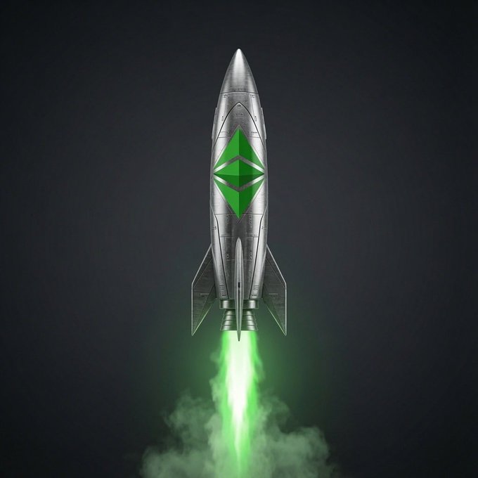 A 3D render of a silver rocket emblazoned with the green Ethereum logo blasting off with green exhaust flames.