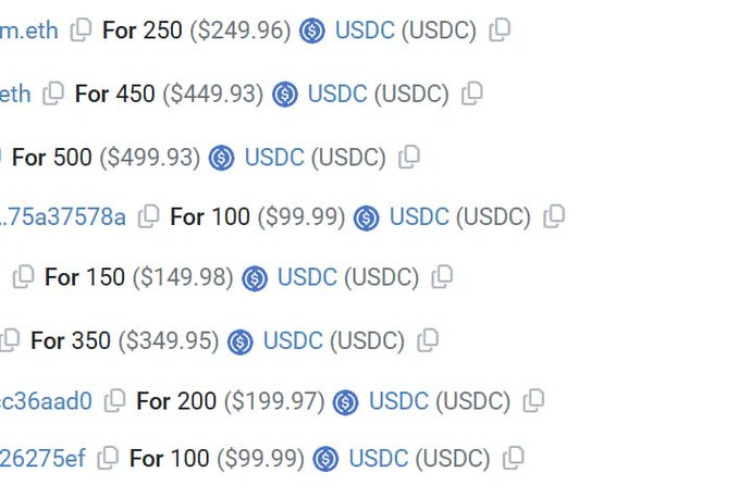 A list of cryptocurrency swap offers exchanging various amounts of tokens (like .eth and others) for USDC (USDC) at near-equal dollar values, ranging from $99.99 to $499.93.