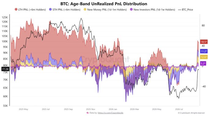 The image is a CryptoQuant chart titled "BTC: Age-Band Unrealized PnL Distribution," tracking Bitcoin's price against unrealized profit/loss across four holder cohorts (LTH >6m, STH <6m, New Money 1d-1m, and New Investors 1d-1w) from May 2025 through mid-2026, with BTC reaching $77.2K and STH PnL at +13.2%. It illustrates the post's thesis that Bitcoin's rally to $77K has repaired the market's weakest link, as the previously negative PnL for short-term holders has turned positive, signaling the $68K–$73K support zone is becoming structurally durable rather than a fragile floor for recent buyers.