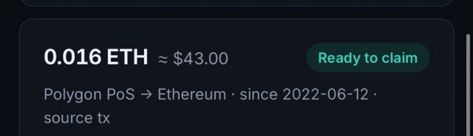 A screenshot showing a cryptocurrency claim of "0.016 ETH ≈ $43.00" with a green "Ready to claim" button, bridging from "Polygon PoS → Ethereum since 2022-06-12".