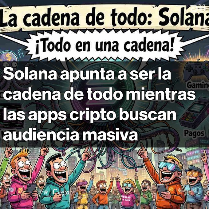 A cartoon-style illustration with Spanish text reading 'La cadena de todo: Solana' and '¡Todo en una cadena!' at the top, with overlay text stating 'Solana apunta a ser la cadena de todo mientras las apps cripto buscan audiencia masiva.'