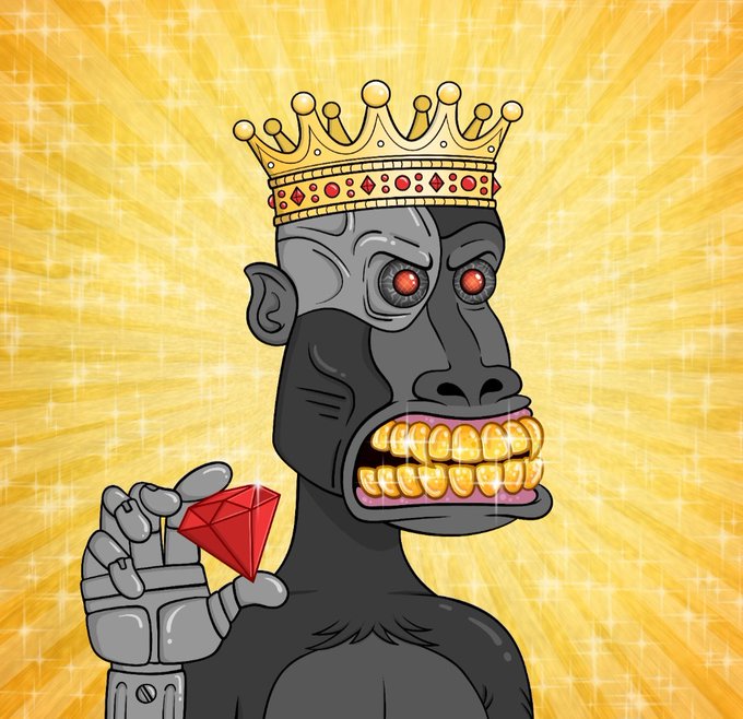 Digital illustration of a gray gorilla wearing a gold crown with red jewels and gold grills, holding a red diamond against a sparkling yellow background.