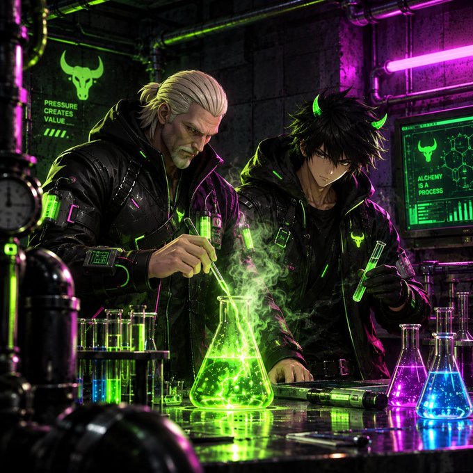 An anime-style digital illustration of Geralt of Rivia from The Witcher and a horned character conducting an alchemical experiment with glowing green and purple liquids in a cyberpunk lab.