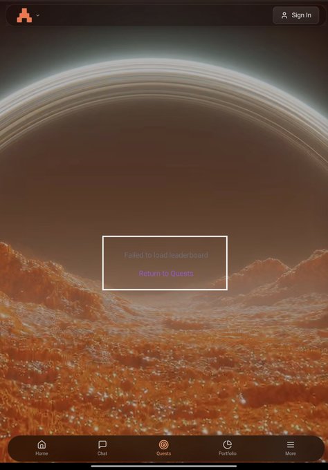 A screenshot of a mobile app interface showing a reddish alien landscape with a Saturn-like planet, displaying an error message 'Failed to load leaderboard' with a 'Return to Quests' button.