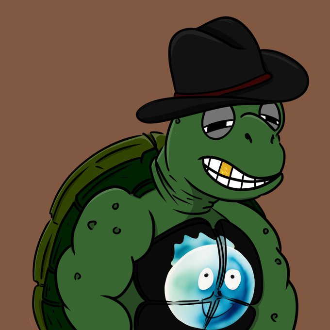 A cartoon illustration of a muscular green turtle wearing a black cowboy hat and a tank top featuring a cracked blue globe on the chest.