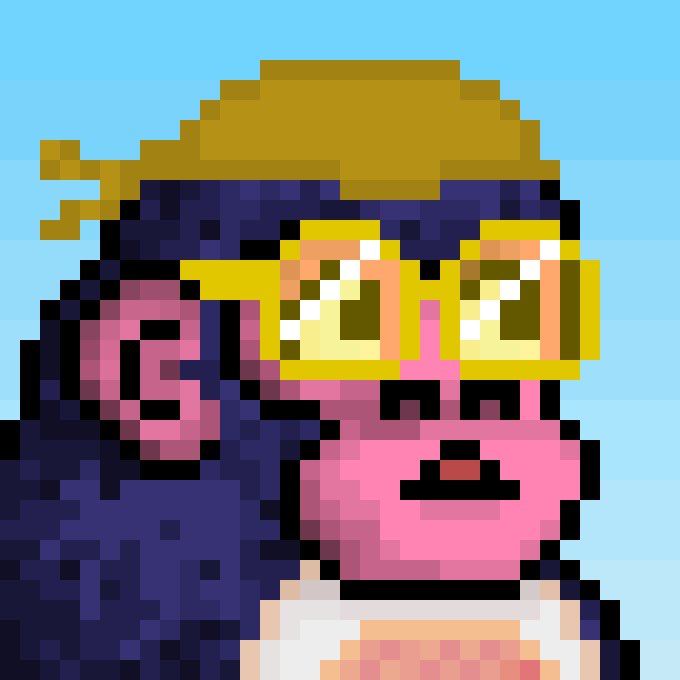 A pixel art portrait of a gorilla character wearing a yellow cap and large yellow sunglasses, set against a light blue sky background. The image represents the user's new "Evo Kong" NFT from the CyberKongz collection, which they express gratitude for receiving as a gift and mention storing safely in their wallet.
