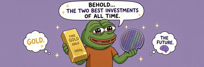 A cartoon Pepe the Frog holds a "FINE GOLD 999.9 1000g" bar and a silicon wafer chip, with speech bubbles reading "BEHOLD... THE TWO BEST INVESTMENTS OF ALL TIME," "GOLD," and "THE FUTURE," tying into the AU/TSM Stonkster promotion by humorously framing the two underlying assets as unbeatable investments.