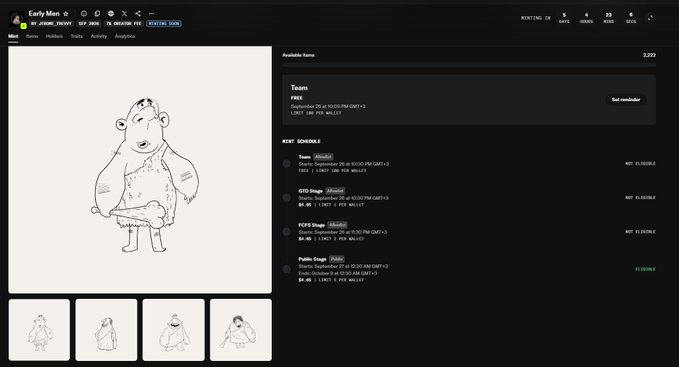 The image shows the EarlyMen Origins NFT minting website, displaying a lineup of hand-drawn cartoon characters available for mint, with pricing details indicating 0.05 ETH per mint and a "NEXT SCHEDULE" section for upcoming drops—visually corroborating the post's claims about the project's no-name status, recently registered Twitter account, and limited minting rules of 1-5 pieces per wallet.