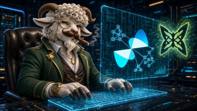 A digital illustration shows an anthropomorphic goat with curly white wool, a monocle, and a mustache, wearing a green suit and smoking a cigar while working on a holographic laptop displaying blue graphics.