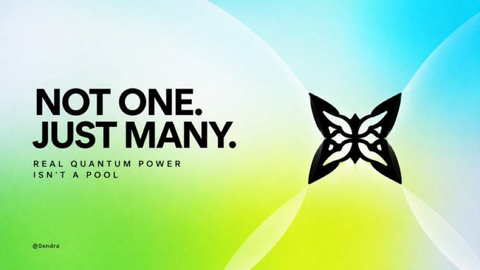 A promotional graphic with the text 'NOT ONE. JUST MANY. REAL QUANTUM POWER ISN'T A POOL' alongside a black butterfly-like logo.