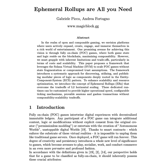 The image shows the title page of an academic paper titled "Ephemeral Rollups are All you Need" by Gabriele Picco and Andrea Fortugno from www.magicblock.gg, which discusses a framework for scaling fully on-chain games on Solana using the Solana Virtual Machine.

The caption relates to the post about staying on Solana, as the paper proposes a solution for building complex on-chain games within Solana's ecosystem without requiring state fragmentation to other chains—a technical achievement that reinforces Solana's capability as a comprehensive platform for composable gaming.