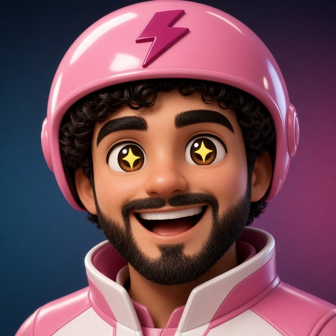 A 3D animated character with curly dark hair, a beard, and starry eyes wears a pink helmet with a lightning bolt symbol.
