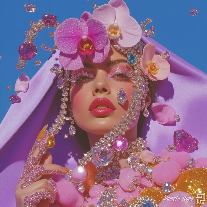 A glamorous, hyper-stylized digital artwork features a woman adorned with pink orchids, sparkling rhinestones, and vibrant makeup, signed 'Pamela Hope' in the corner.