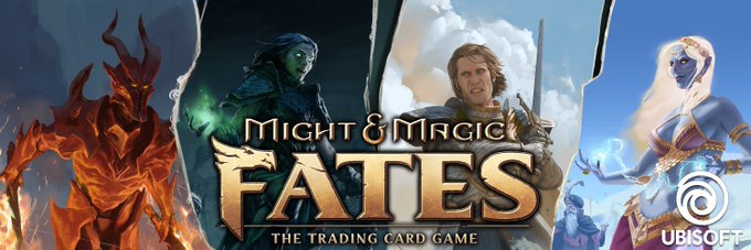 The image features an advertisement for a video game called "Might & Magic Fates" with four different characters from the game displayed side by side, each representing a different character class or role within the game. The characters include a dragon, a knight, a wizard, and a princess. The text on the image reads: "Might & Magic Fates - The Trading Card Game", indicating that this is an advertisement for the video game.