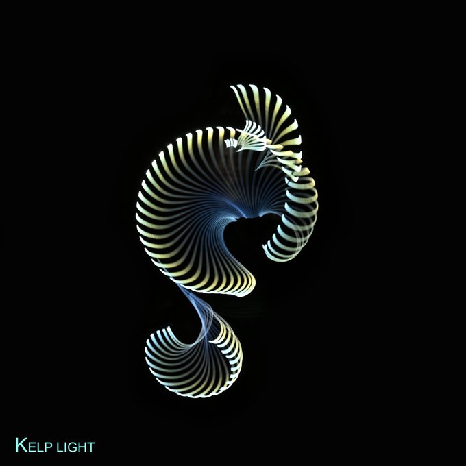 An artistic digital illustration titled 'KELP LIGHT' showing a glowing, spiraling seahorse-like form in yellow, blue, and white against a black background.