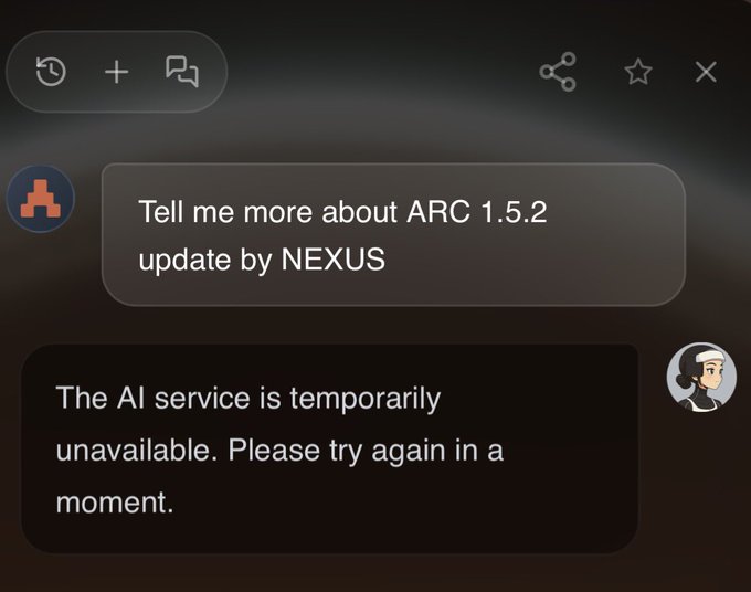 A screenshot of a message with a woman at the top, discussing an update about arc software, and a screenshot showing a phone or computer screen with various icons and text including one saying 'The AI service is temporarily unavailable'.