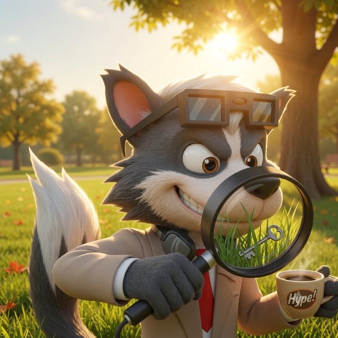 A 3D-rendered cartoon wolf character wearing sunglasses pushed up on its head holds a magnifying glass revealing a key in the grass, while holding a mug labeled 'Hype!' in a sunlit park setting.
