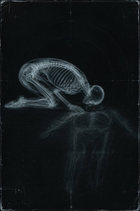 An X-ray style illustration shows a skeleton kneeling and leaning over, seemingly mourning or interacting with another fainter skeleton below it against a dark background.