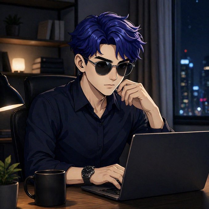The image features an anime character wearing glasses and sunglasses sitting at a desk with a laptop computer open in front of them. The character appears to be deep in thought or working on something, possibly related to classical computers and quantum computing. The post includes a quote about making real quantum randomness accessible to anyone, which could be interpreted as the character's thoughts or ideas about the topic.