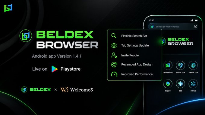 An advertisement for the 'BELDEX BROWSER' Android app Version 1.4.1, available on the Playstore, showcasing features like 'Flexible Search Bar', 'Tab Settings Update', and 'Improved Performance' on a dark background with neon green accents.