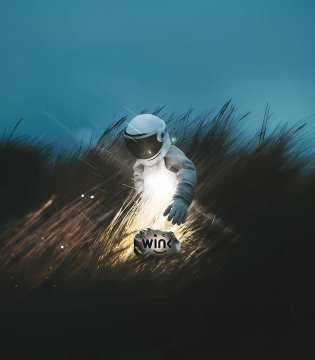 A digital artwork depicts an astronaut kneeling on a dark, grassy surface, reaching toward a glowing object labeled 'WICK' that emits sparks and light against a deep blue background.