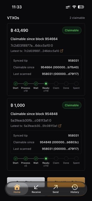 A mobile app interface showing VTXOs (Virtual Transaction Outputs) ready to be claimed, with 43,490 and 1,000 sat amounts, displaying their current progress through the protocol's stages.