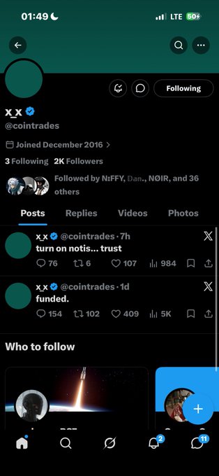 A Twitter/X profile for user @cointrades showing a verified account with 2K followers, posting crypto-related commentary like 'turn on notis... trust' and 'funded.'