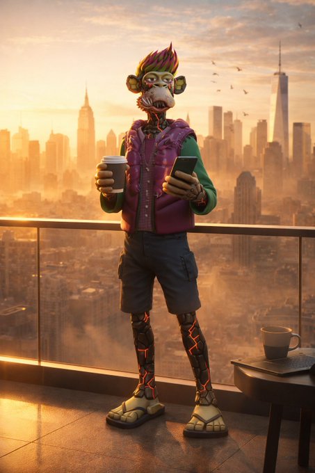 A 3D-rendered monkey-like character with colorful hair holding a coffee cup and phone, standing on a balcony overlooking a city skyline at sunset.