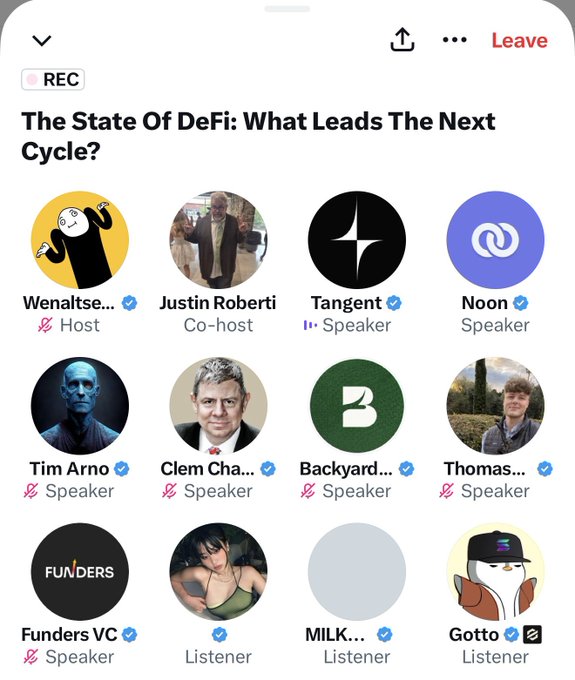 A Twitter Spaces recording titled 'The State Of DeFi: What Leads The Next Cycle?' featuring speakers including Wenaltse (Host), Justin Roberti (Co-host), Tangent, Noon, Tim Arno, Clem Cha, Backyard, Thomas, Funders VC, and listeners MILK and Gotto.