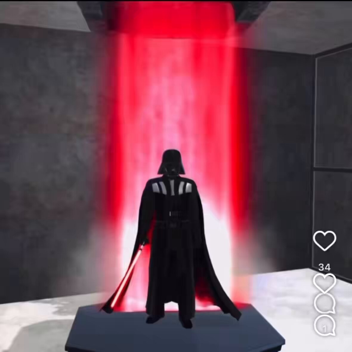 The image features a Darth Vader figure standing upright, holding a lightsaber in his right hand. The figure is wearing a black suit with a red cape and has a red mask covering his eyes. The background of the image shows a dark room with a large red light source at the center, creating an immersive and visually striking scene that resembles a video game or movie setting.