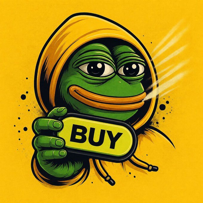 A cartoon-style illustration of a green frog character in a yellow hoodie holding a pill-shaped sign that says 'BUY' against a yellow background.