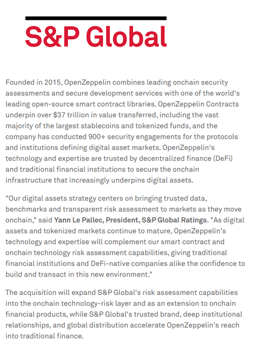 S&P Global has acquired OpenZeppelin, a leading onchain security firm whose smart contracts secure over $37 trillion in value and have conducted 900+ security engagements across major stablecoins and tokenized funds—aligning with the post's thesis that "everything and everyone is coming onchain," as this deal shows a top-tier traditional financial data giant expanding directly into blockchain infrastructure, signaling that institutional adoption is accelerating far beyond what markets currently reflect.