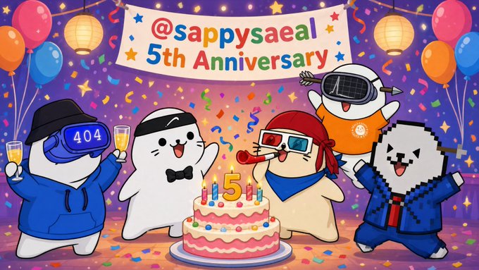 A colorful cartoon illustration celebrating '@sappysaeal 5th Anniversary,' featuring several cute characters including one wearing a VR headset labeled '404,' a cat in a spacesuit, and others gathered around a birthday cake with the number 5 on it.