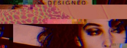 A distorted, glitch-art style close-up of a woman's face with bold red lipstick and blue eye makeup appears beneath a banner reading "DESIGNED," with vibrant pink and orange pixelated bars slicing across the frame—matching the post's "NEED FOR GL1TCH" theme and credit to "PINKlIlY" for the Tezos OBJKT#882383 NFT.