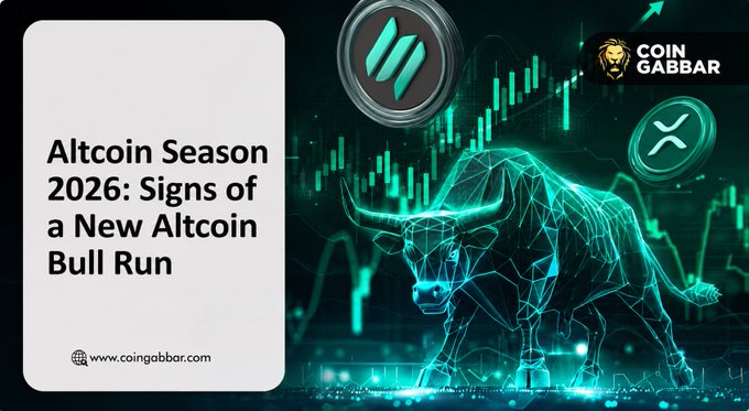 The image features a bull with its horns facing left, surrounded by a blue background that includes a green dollar sign and a black arrow pointing towards the bull's head. The text "Altc Coin Season 2026: Signs of a New Altcoin Bull Run" is written above the bull, while below it there are three coins displayed in different colors - green, white, and gray. The image also contains some text that reads "JPMorgan says alts will keep underperforming BTC same people called $BTC a scam in 
2017 meanwhile ETH DeFi TVL still sits above $45B Hyperliquid keeps ripin narratives rotate fast in this market blink and you miss it NFA but this month feels important".