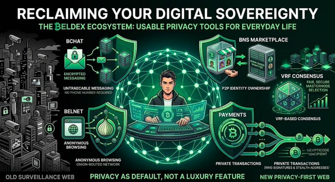 An infographic titled 'RECLAIMING YOUR DIGITAL SOVEREIGNTY: THE BELDEX ECOSYSTEM: USABLE PRIVACY TOOLS FOR EVERYDAY LIFE' featuring sections for BChat, BelNet, Payments, BNS Marketplace, and VRF Consensus, with the tagline 'PRIVACY AS DEFAULT, NOT A LUXURY FEATURE.'