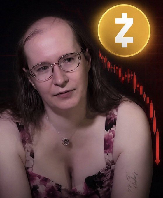 A woman with glasses and a floral top against a dark background, with a Zcash (Z) cryptocurrency logo and a red downward-trending stock chart graphic on the right side.