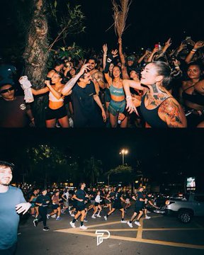 The image shows a group of people dancing at an outdoor event, with some of them wearing tank tops and shorts while others are dressed more formally. The crowd appears to be enjoying themselves as they dance under the night sky. In addition to the dancers, there is also a car parked in the background, suggesting that this gathering might be taking place near a parking lot or street.