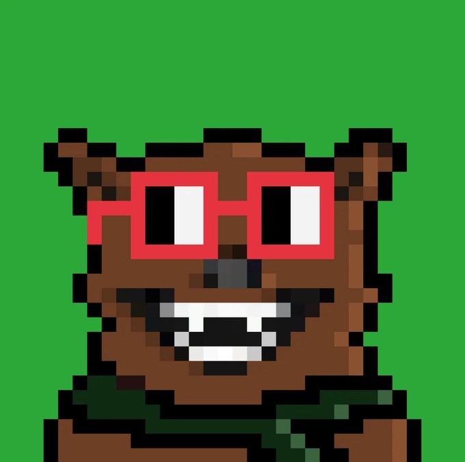 A pixel art image of a brown bear wearing red glasses and smiling against a green background.