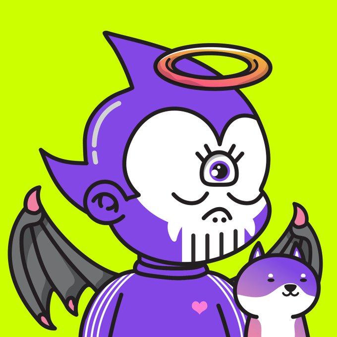 A colorful cartoon illustration of a purple and white character with bat wings and a halo, holding a small purple and white cat, set against a bright yellow-green background.