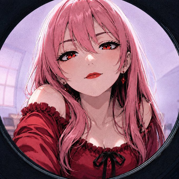An anime-style illustration of a girl with long pink hair and red eyes wearing a red off-shoulder top with a black bow, framed within a circular mirror-like border with a soft purple background.