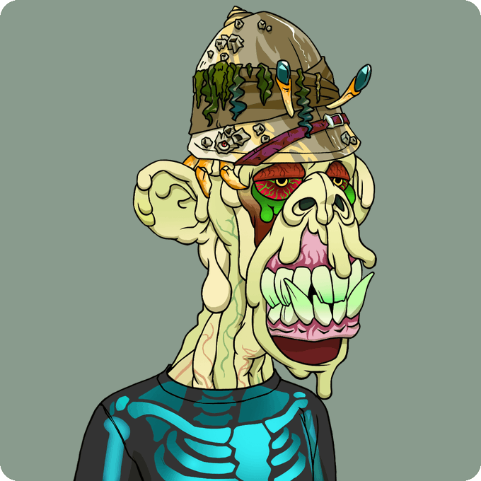 A digital illustration of a grotesque, zombie-like creature with green teeth and decaying skin, wearing a makeshift helmet covered in moss and bones, set against a solid green background.